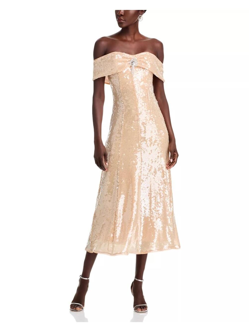 670$ Self-Portrait Gold Sequin Off-the-Shoulder Party Dress Size 8 US / 12 UK